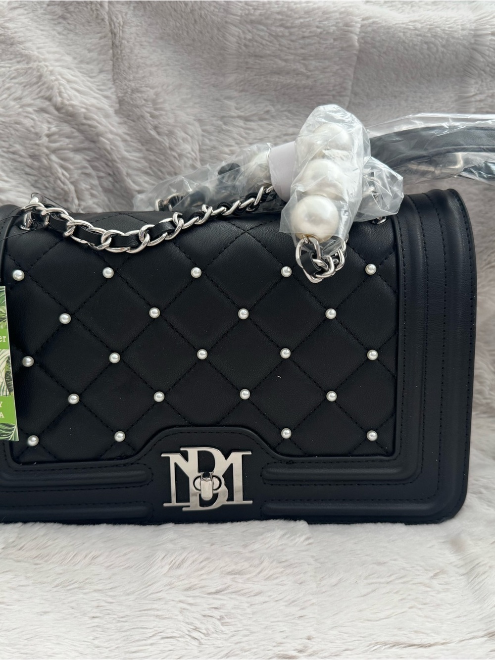Jewel Badgley Mischka Black Quilted Crossbody Bag with Pearl Accents
